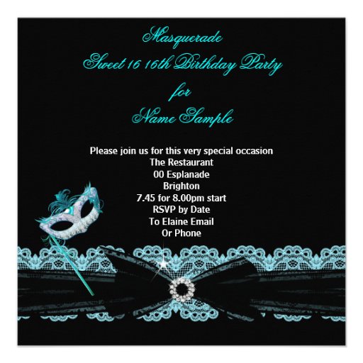 Masquerade Sweet Sixteen Sweet 16 Teal Blue Announcement