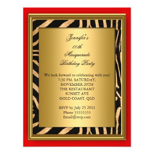 Masquerade Zebra Mask Red Gold Birthday Party Personalized Announcement