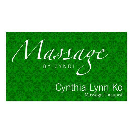 Massage Text on Green Damask Business Cards (front side)