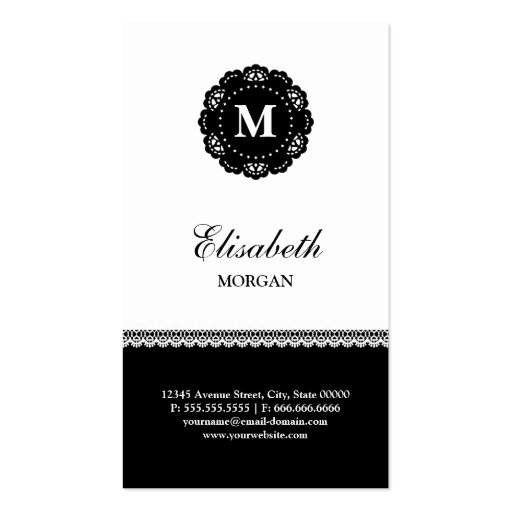 Massage Therapist Elegant Black Lace Monogram Business Card Templates (back side)