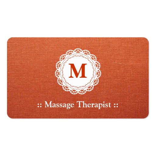 Massage Therapist Elegant Lace Monogram Business Cards (front side)