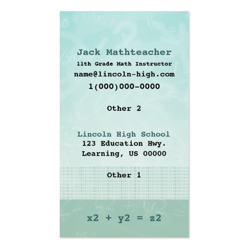 Math Teacher Equations Green Business Card (back side)