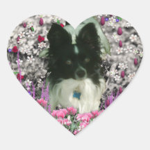 Matisse in Flowers - White & Black Papillon Dog Heart Stickers