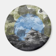 Matsuyama castle and snow and cat fridge magnet