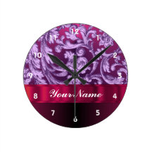 Mauve damask floral pattern on magenta wall clocks