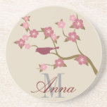 Mauve Flower Bird Custom Name Coaster Gray