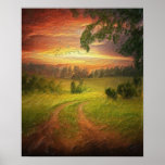 Meadow with sunset posters
