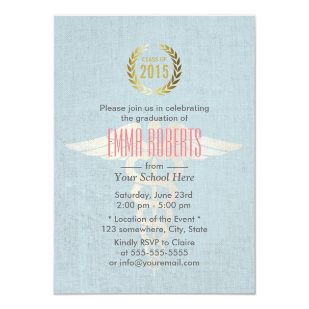 Medical & Nursing School Blue Linen Graduation 4.5x6.25 Paper Invitation Card (front side)