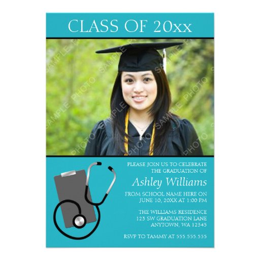 Medical Nursing School Teal Photo Graduation Personalized Invites (front side)