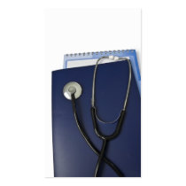 medical stethoscope on blue folder business cards