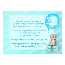 Meet me new baby boy koala party invite blue