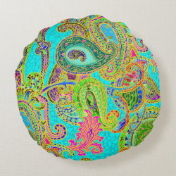 Melange Paisley in Turquoise and Green Round Pillow