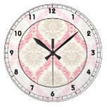 melon pink cream taupe damask pattern round wallclocks