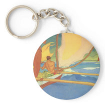 Men in an Outrigger Canoe Headed for Shore Keychain
