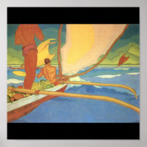 Men in an Outrigger Canoe Headed for Shore Poster