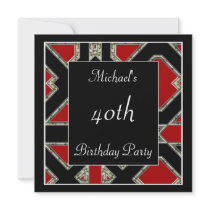 Men's 40th birthday Party  Black Red Art Deco Custom Announcement