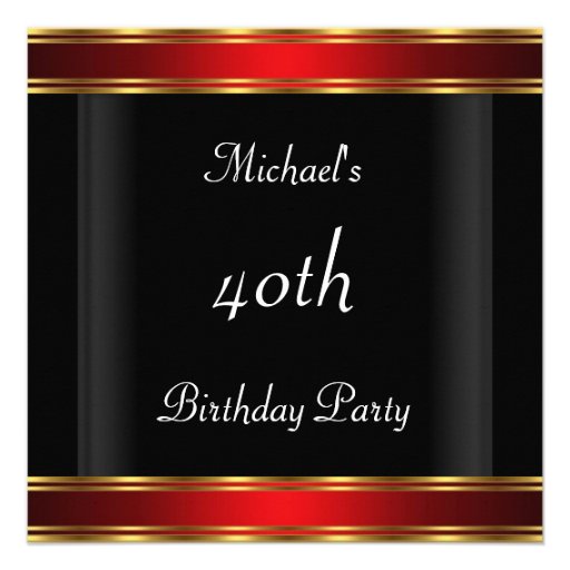 Men's 40th birthday Party  Black Red Art Deco Personalized Invites
