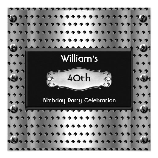 Mens 40th Birthday Party Silver Metal Studs Black Custom Invitation