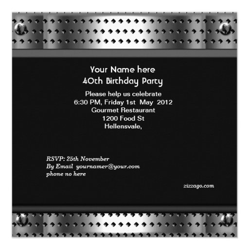 Mens 40th Birthday Party Silver Metal Studs Black Custom Invitation