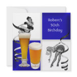 Mens 50th Birthday BlueCheck Retro Girl PINUP Beer Custom Invitation