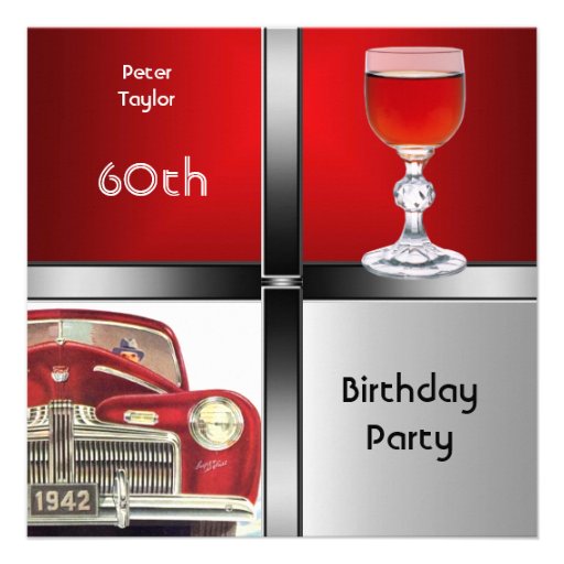 Mens 60th Birthday Party Red Metal Silver Red Car Invitations (front side)
