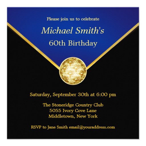 Mens Black Gold Blue Elegant Birthday Invitations