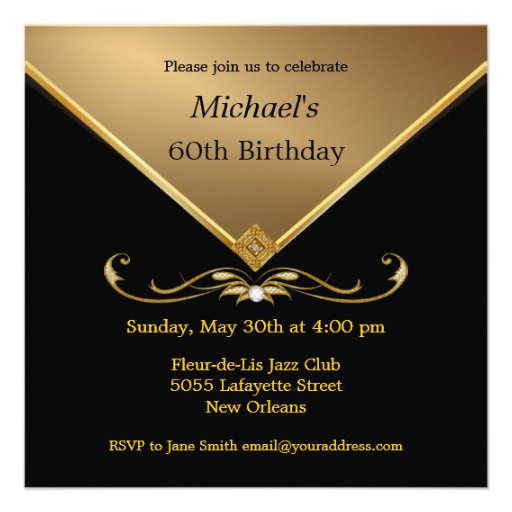 Men's Elegant Gold Black 60th Brithday Invitations (front side)