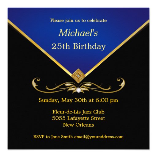 Men's Elegant Gold Blue Birthday Party Invitations