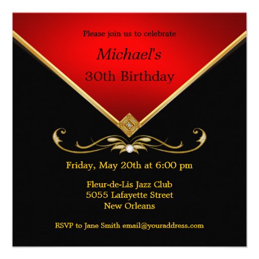 Men's Elegant Gold Red Birthday Party Invitations