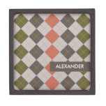Mens Personalized Mango Green Argyle Trinket Box Premium Jewelry Box