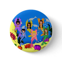 Merfairies in Ocean with Dolphins Button