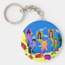 Merfairies in Ocean with Dolphins Keychain