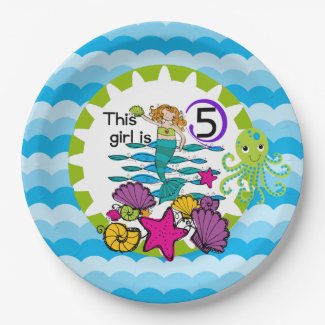 Mermaid 5th Birthday Paper Plates 9 Inch Paper Plate