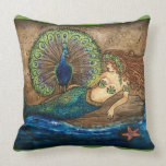 Mermaid and Peacock Toss Pillow