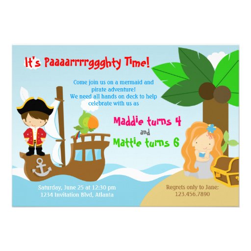 Mermaid and Pirate Twins Joint Birthday Party Invite