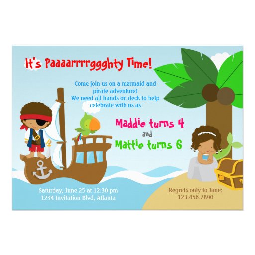 Mermaid and Pirate Twins Joint Birthday Party Personalized Invitation