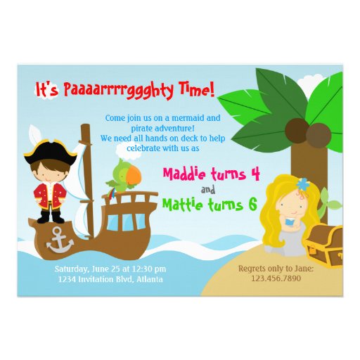 Mermaid and Pirate Twins Joint Birthday Party Custom Invite