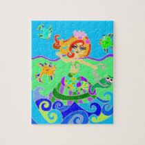 Mermaid and Turtle riding the waves Puzzles