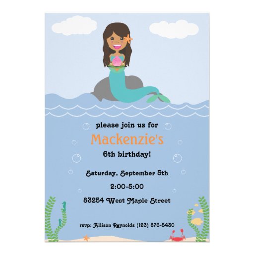 Mermaid Birthday Party Invitation - Tan/Dark Brown