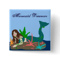 Mermaid on rock, Mermaid Dreamer button