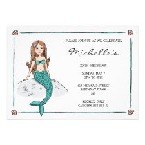Mermaid sitting on rock girls birthday invitation