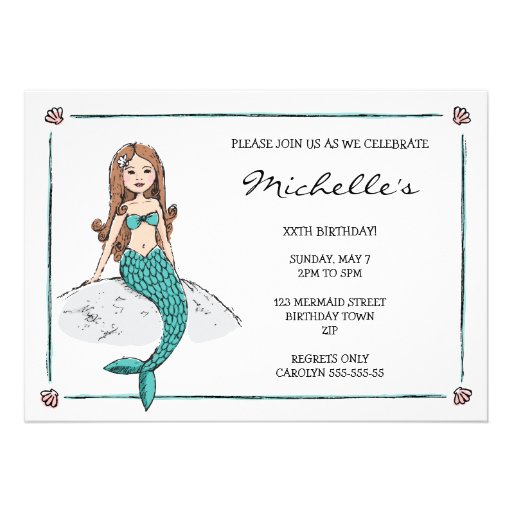 Mermaid sitting on rock girls birthday invitation