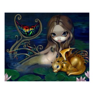 Mermaid with a Golden Dragon Art Print fantasy fae print