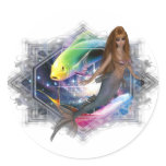 Mermaid with Colorful Fish Background Round Sticker
