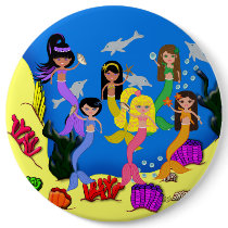 Mermaids in Ocean with Dolphins Big Button