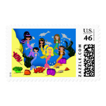 Mermaids in Ocean with Dolphins Postage