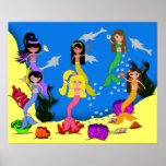Mermaids in Ocean with Dolphins Poster