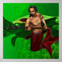 Merman with Sea Turtle Poster