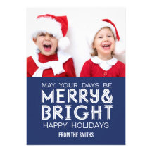 MERRY AND BRIGHT HAPPY HOLIDAYS PHOTO CARD BLUE CUSTOM INVITATIONS