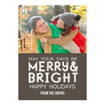 MERRY AND BRIGHT HAPPY HOLIDAYS PHOTO CARD BROWN CUSTOM INVITE